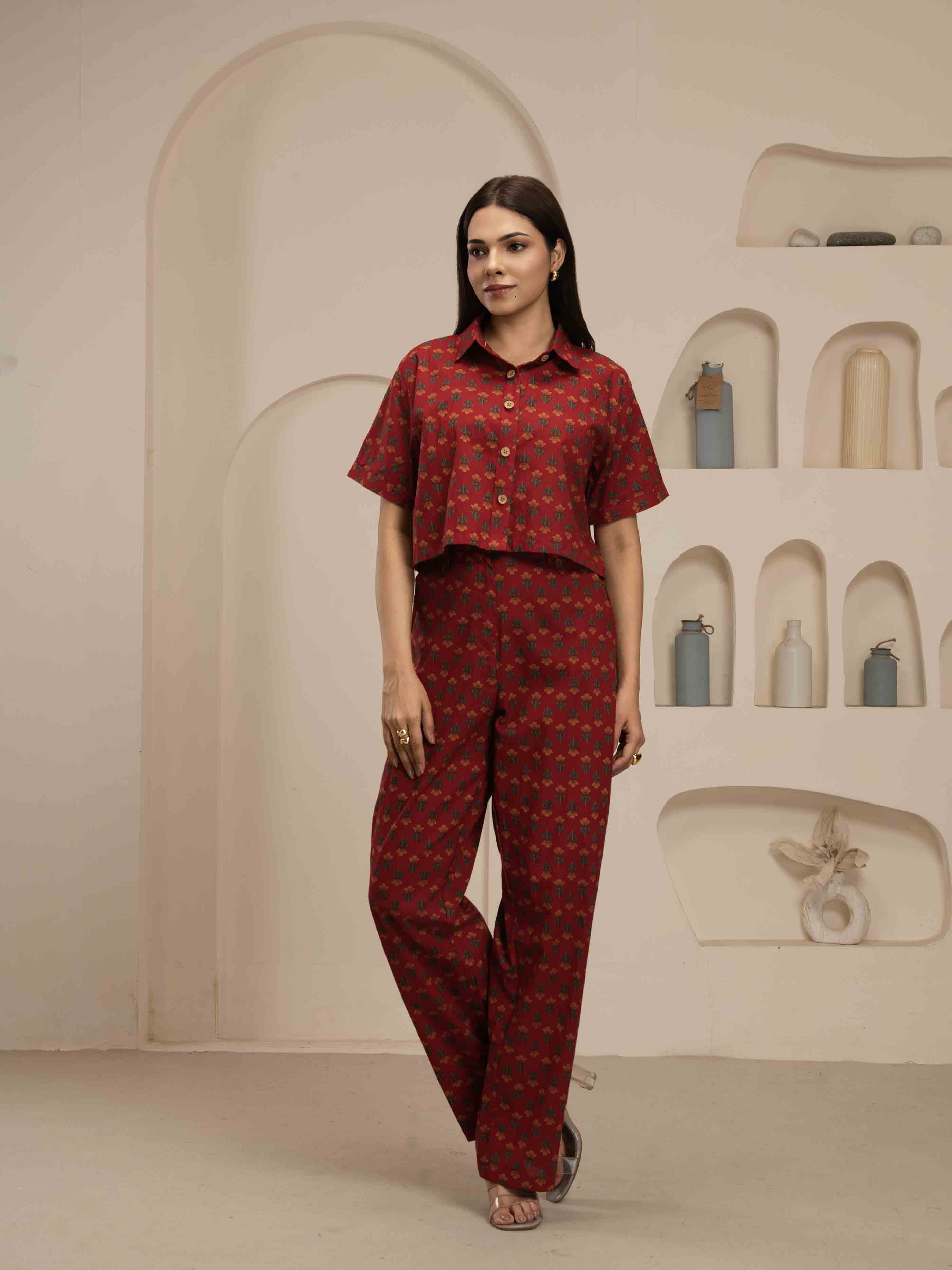 Navdana Red Jaipuri Print Crop Top and Trouser Set- SURKH