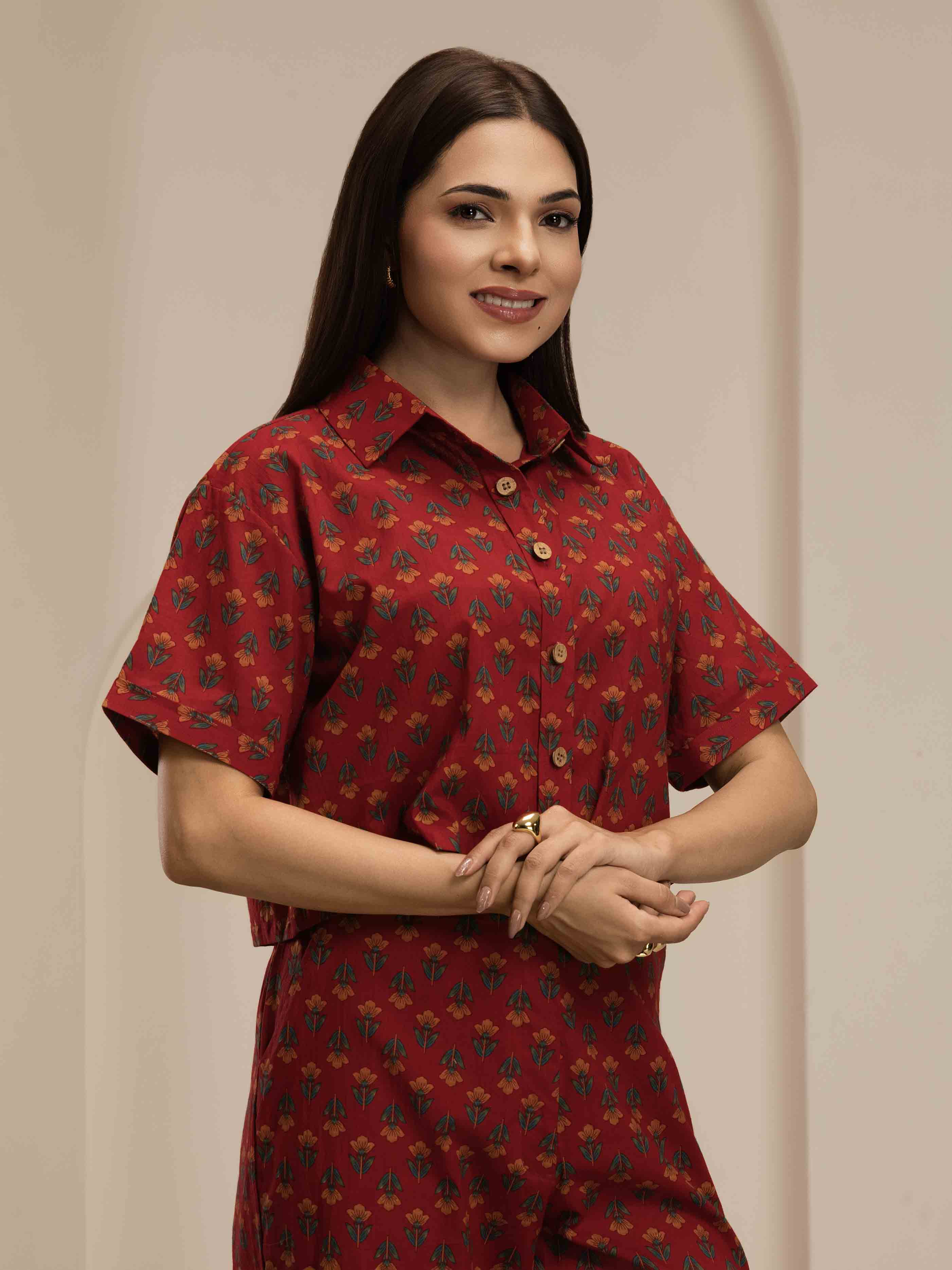 Navdana Red Jaipuri Print Crop Top and Trouser Set- SURKH