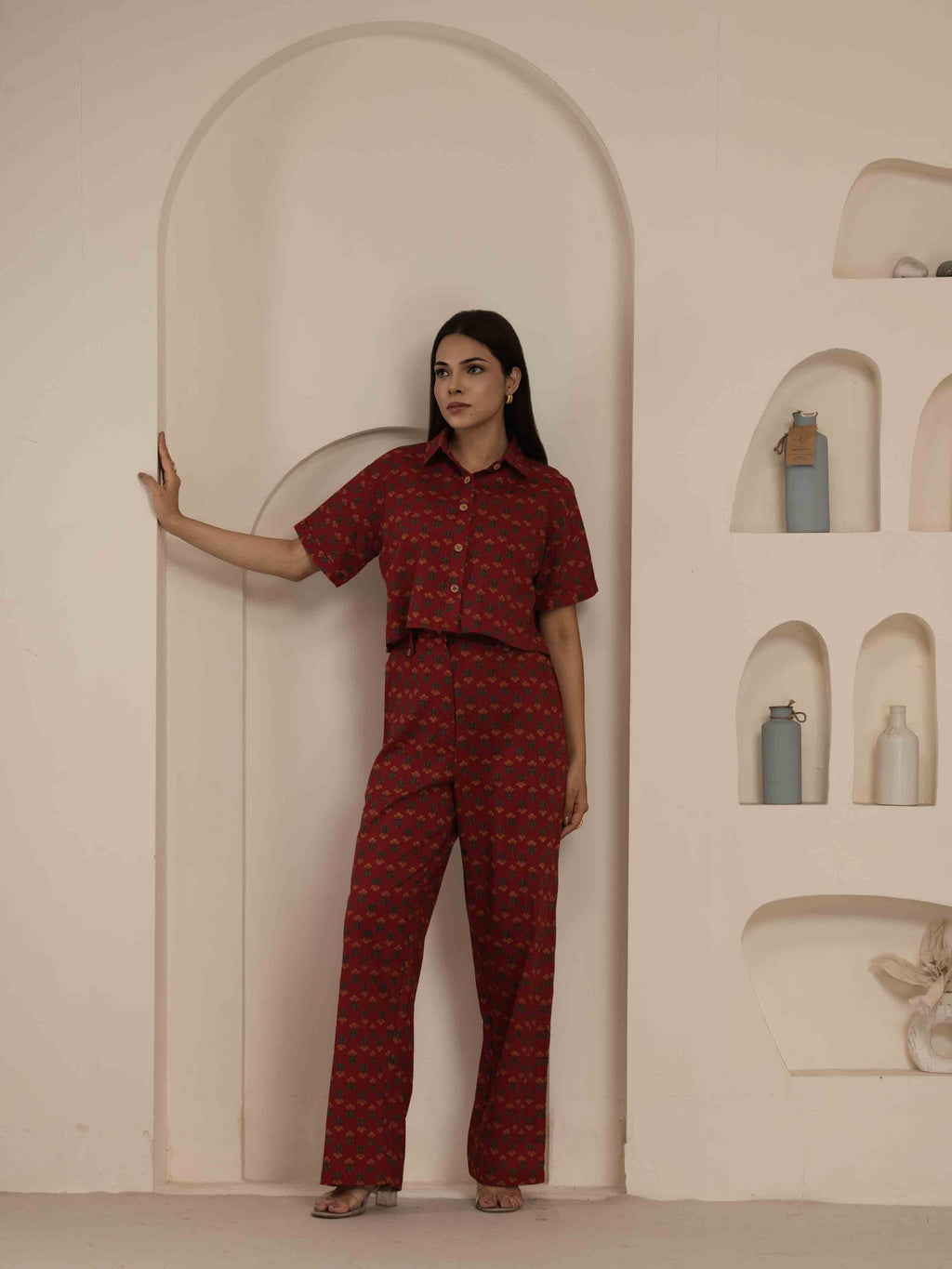 Navdana Red Jaipuri Print Crop Top and Trouser Set- SURKH