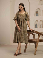Navdana Yellow Polka Dot Mid-Length Tie-Back Beige Dress - Polki