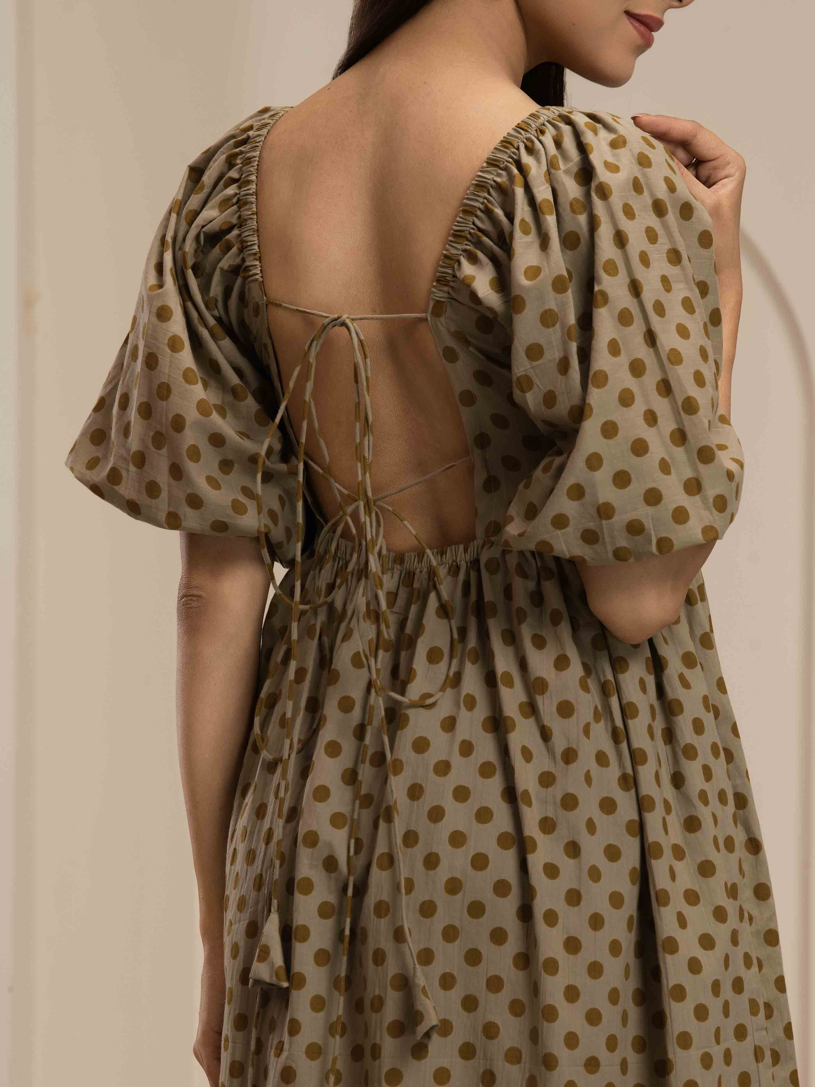 Navdana Yellow Polka Dot Mid-Length Tie-Back Beige Dress - Polki