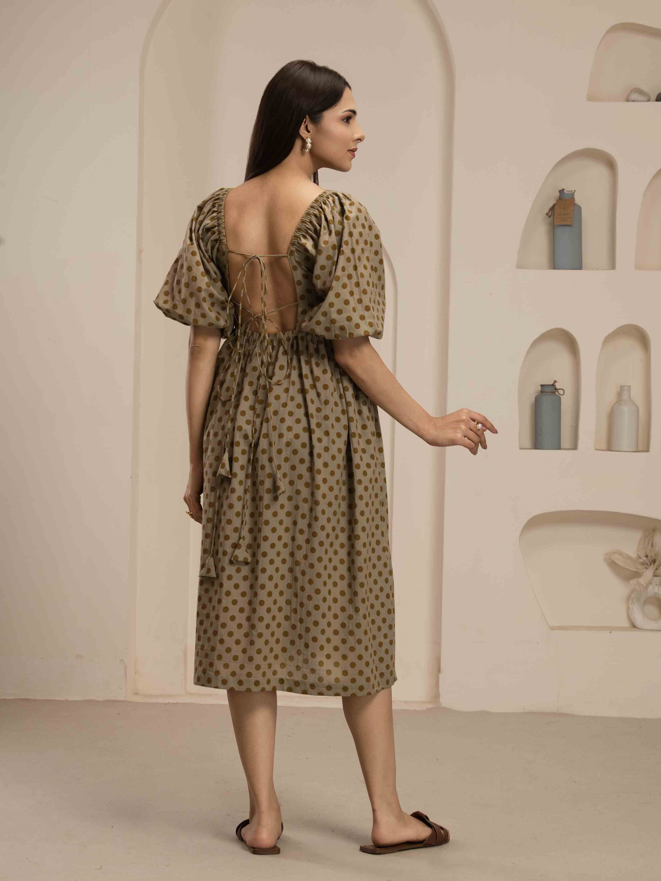 Navdana Yellow Polka Dot Mid-Length Tie-Back Beige Dress - Polki