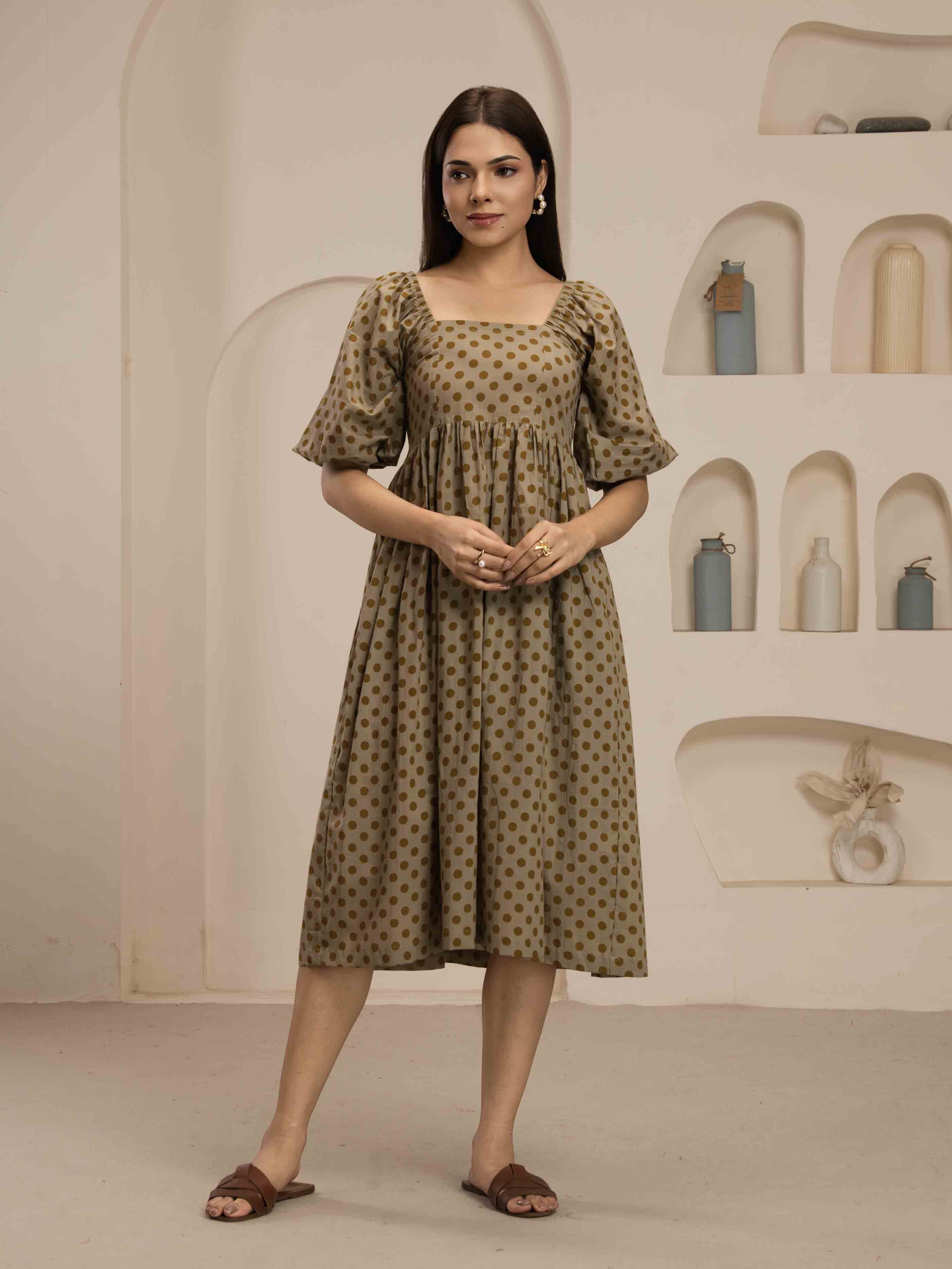 Navdana Yellow Polka Dot Mid-Length Tie-Back Beige Dress - Polki