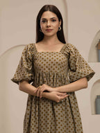 Navdana Yellow Polka Dot Mid-Length Tie-Back Beige Dress - Polki