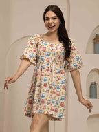 Navdana Cute Owl Print Short Tie-Back Dress - POPPY