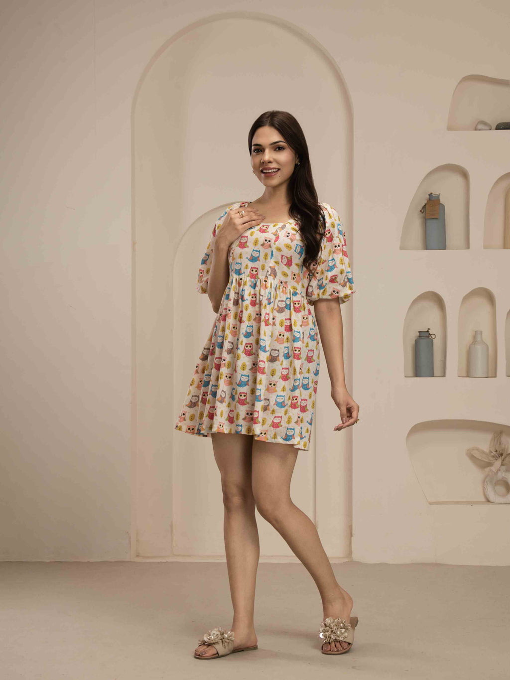 Navdana Cute Owl Print Short Tie-Back Dress - POPPY