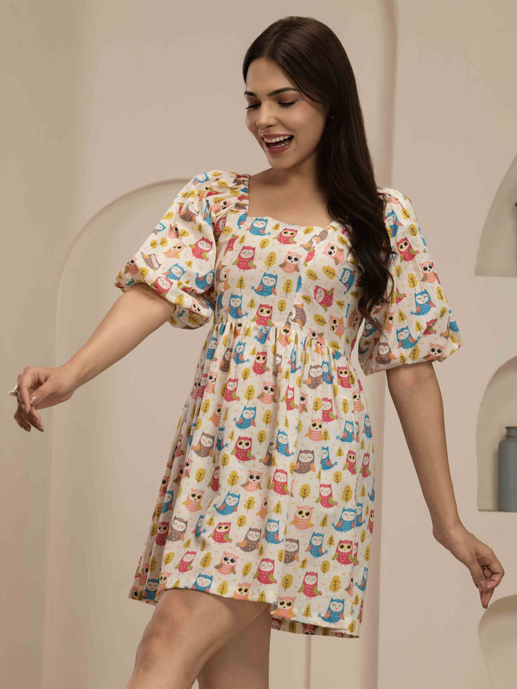 Navdana Cute Owl Print Short Tie-Back Dress - POPPY