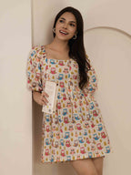 Navdana Cute Owl Print Short Tie-Back Dress - POPPY