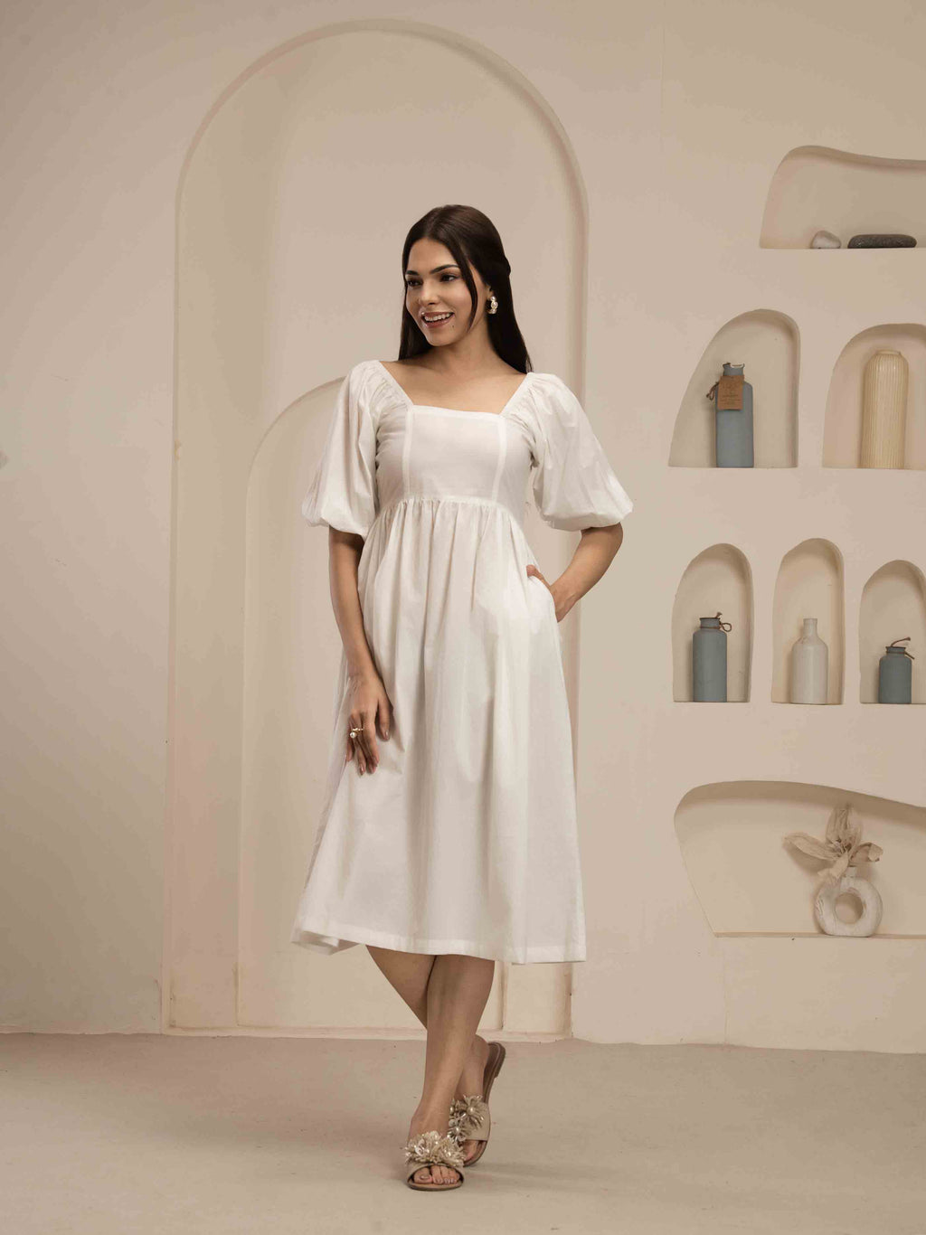 Navdana White Mid-Length Tie-Back Dress With Pockets - IRIS