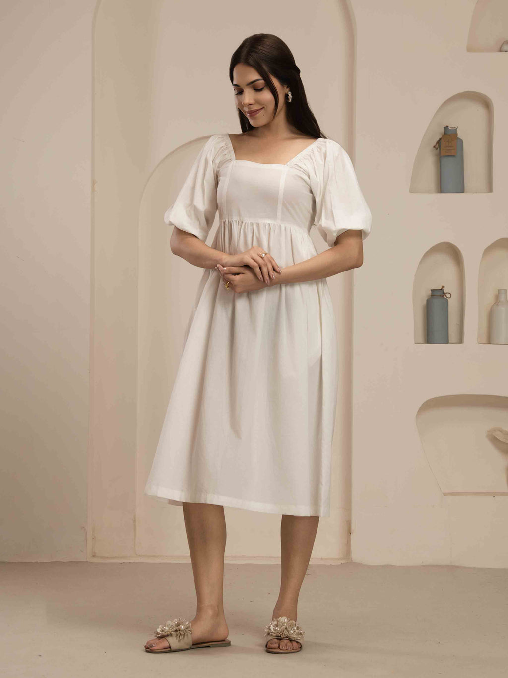 Navdana White Mid-Length Tie-Back Dress With Pockets - IRIS