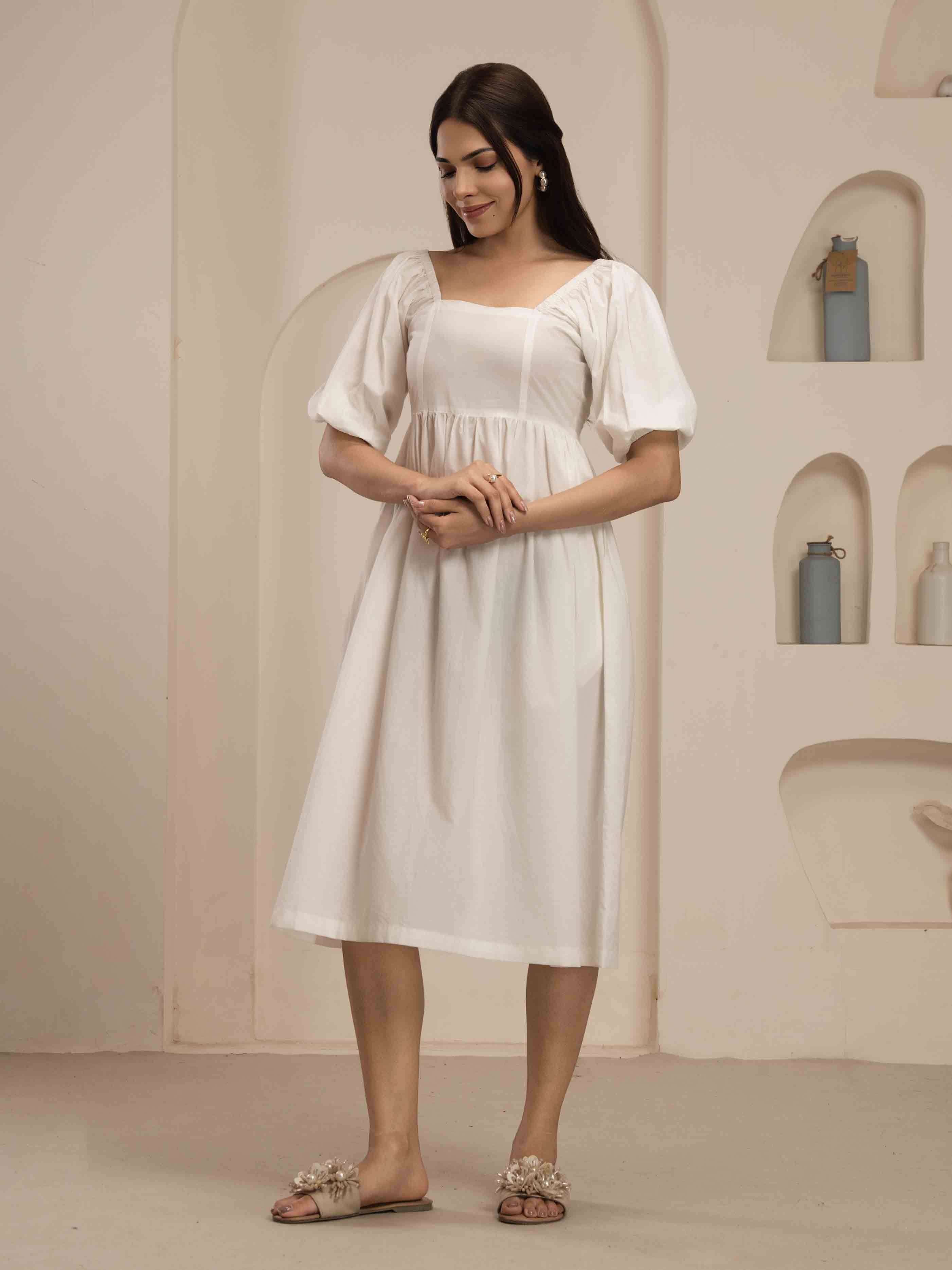 Navdana White Mid-Length Tie-Back Dress With Pockets - IRIS