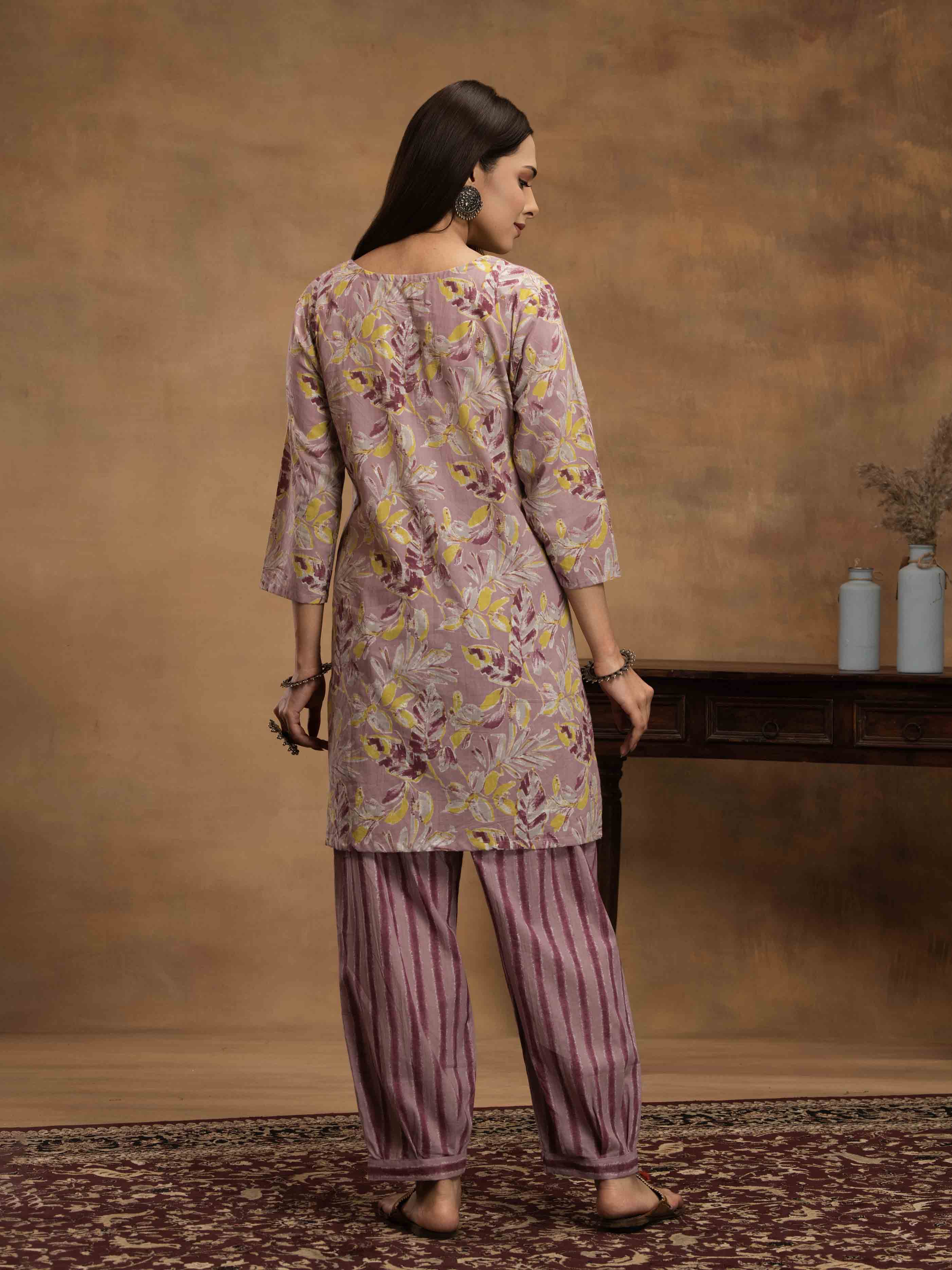 Navdana Light Purple Floral Co-ord Set with Afghani Style Trousers - TARANG