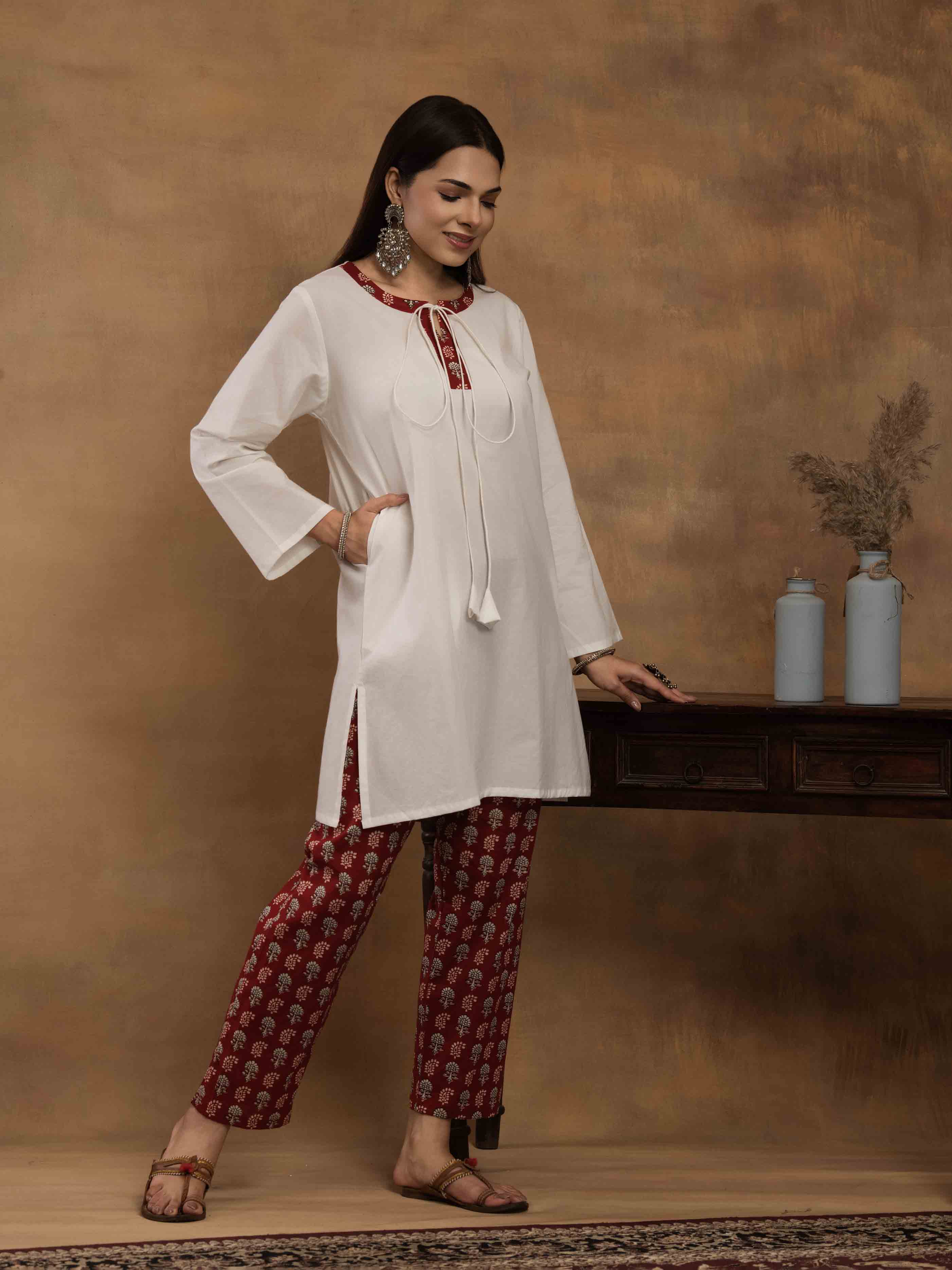 Navdana White Kurti With Red Jaipuri Print Pants Set - NAAZ