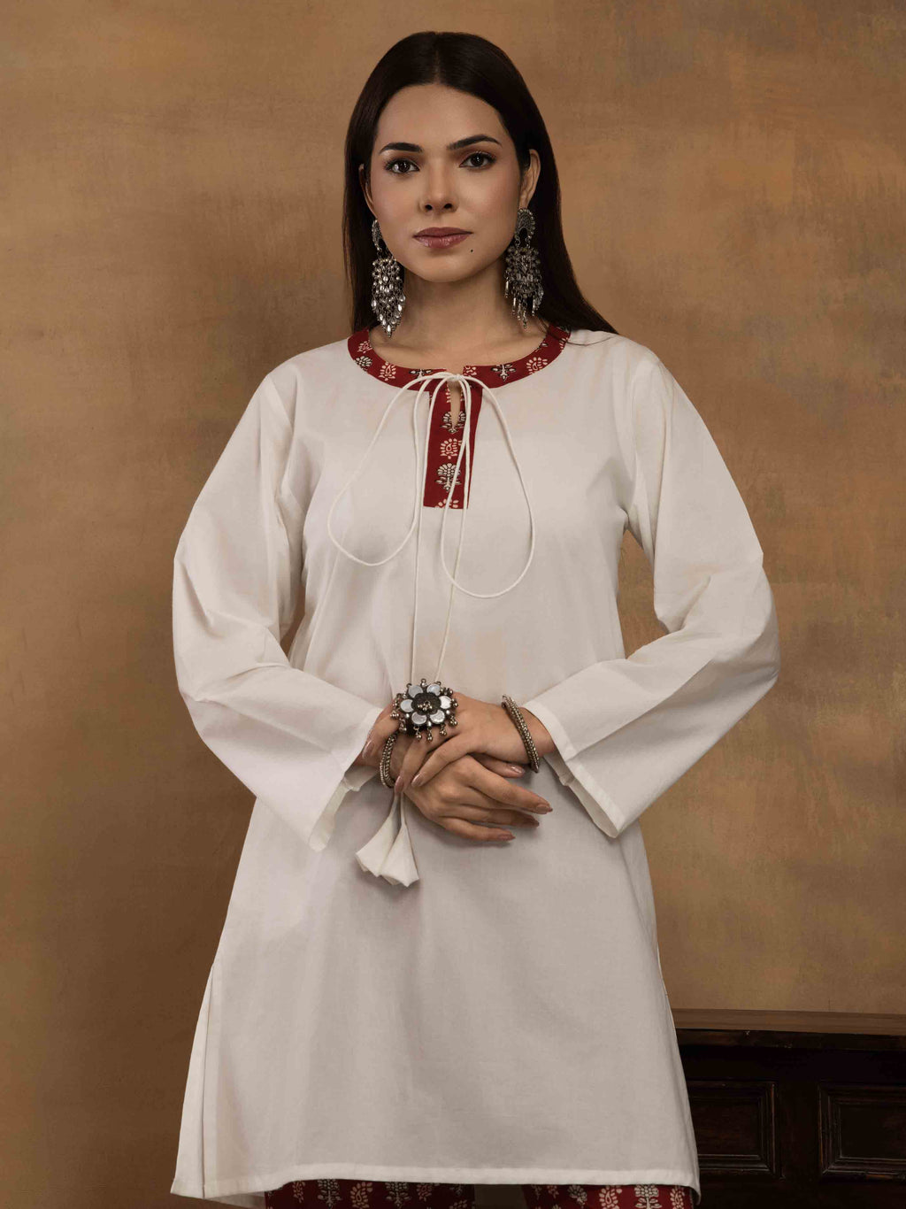 Navdana White Kurti With Red Jaipuri Print Pants Set - NAAZ