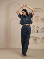 Navdana Jaipuri Print Blue Pant & Crop Shirt Co-ord Set-SHAMA