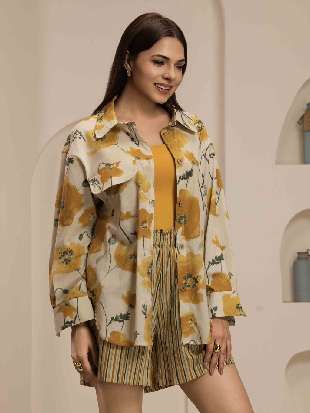 Navdana Yellow Floral Co-ord Oversized Shirt and Short Set - KIARA