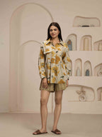 Navdana Yellow Floral Co-ord Oversized Shirt and Short Set - KIARA