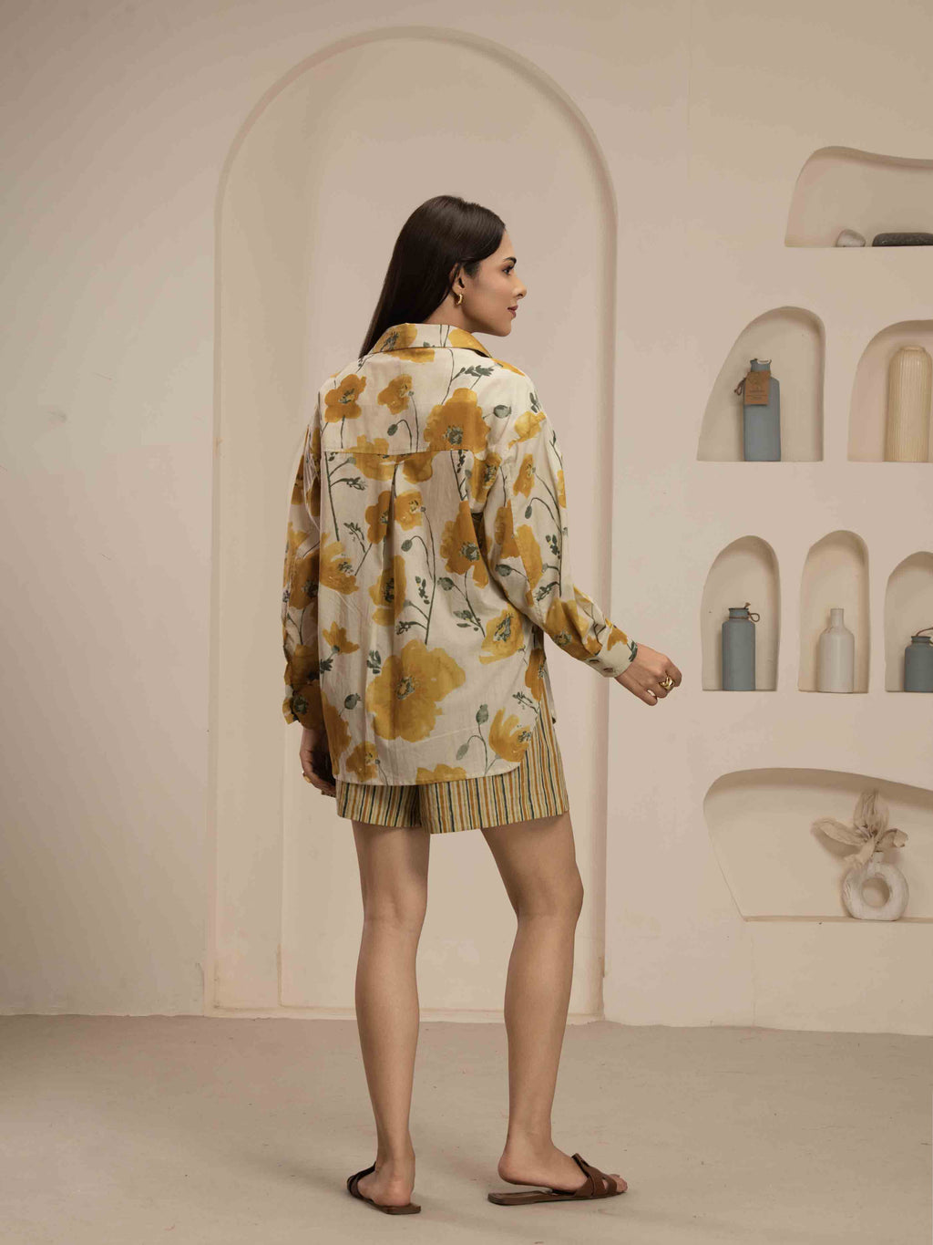 Navdana Yellow Floral Co-ord Oversized Shirt and Short Set - KIARA