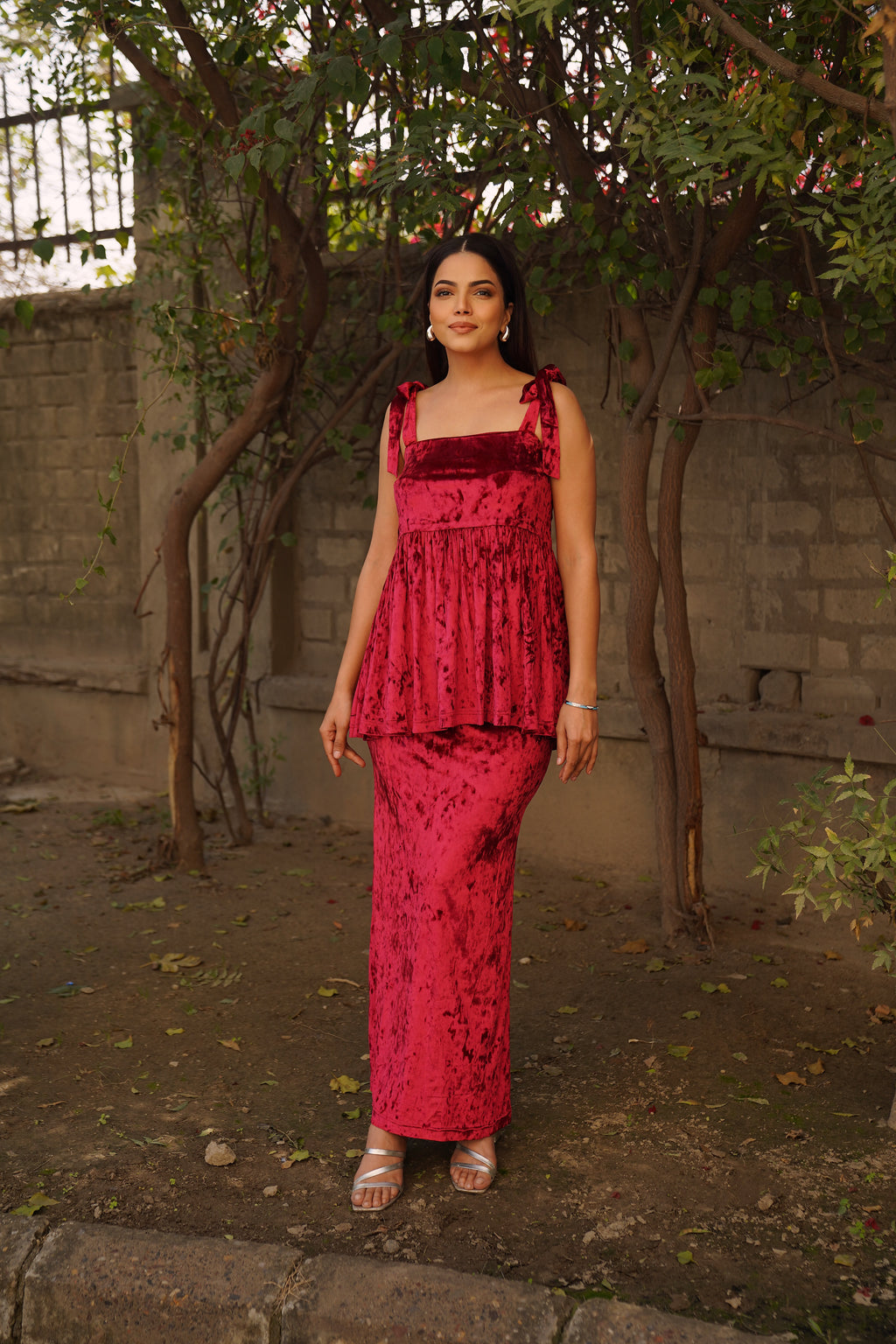 Navdana Velvet Strappy Peplum Top and Skirt Set - Ruby