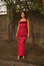 Navdana Velvet Strappy Peplum Top and Skirt Set - Ruby