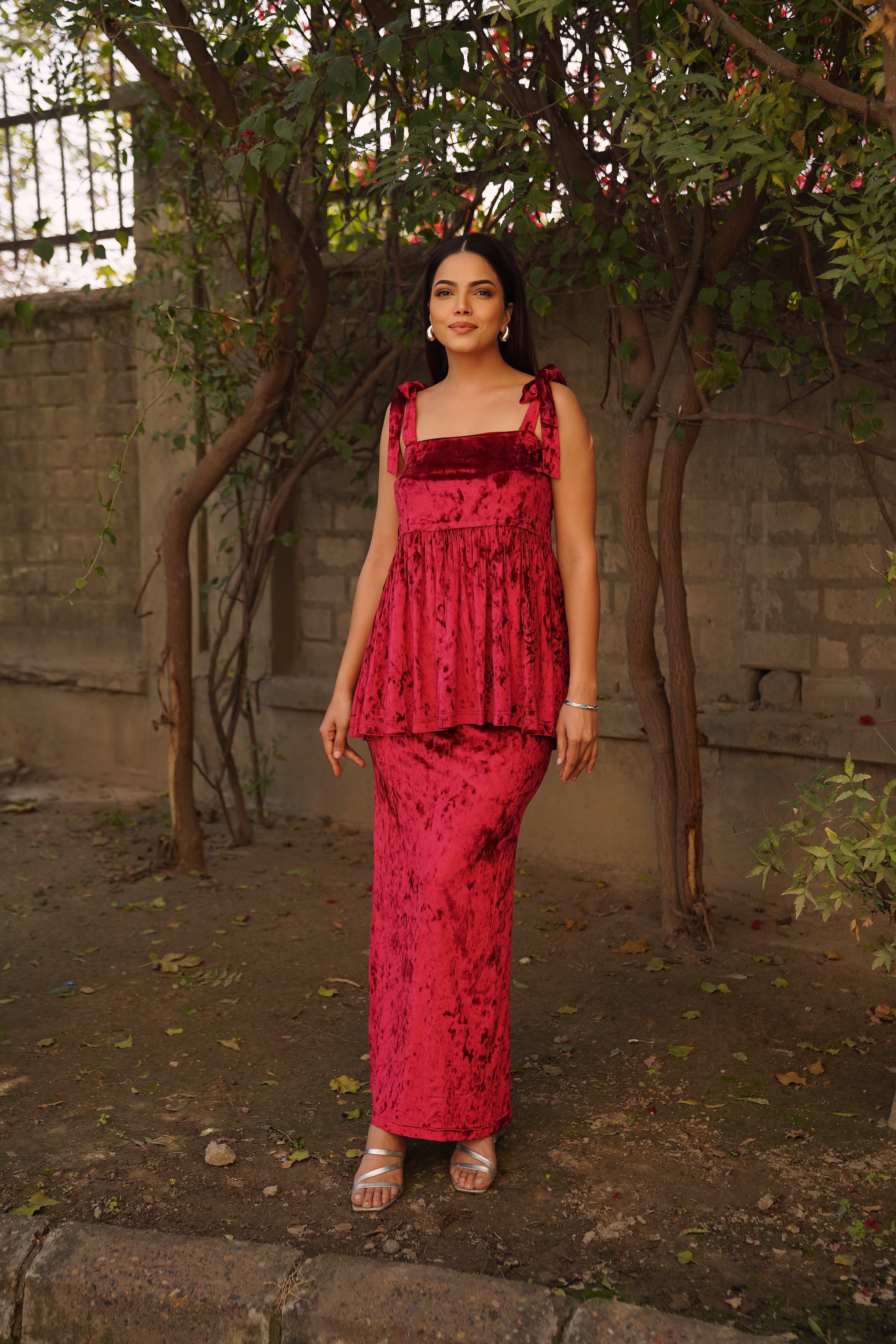 Navdana Velvet Strappy Peplum Top and Skirt Set - Ruby