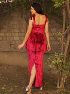 Navdana Velvet Strappy Peplum Top and Skirt Set - Ruby