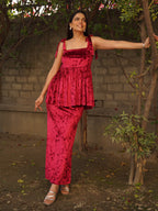 Navdana Velvet Strappy Peplum Top and Skirt Set - Ruby