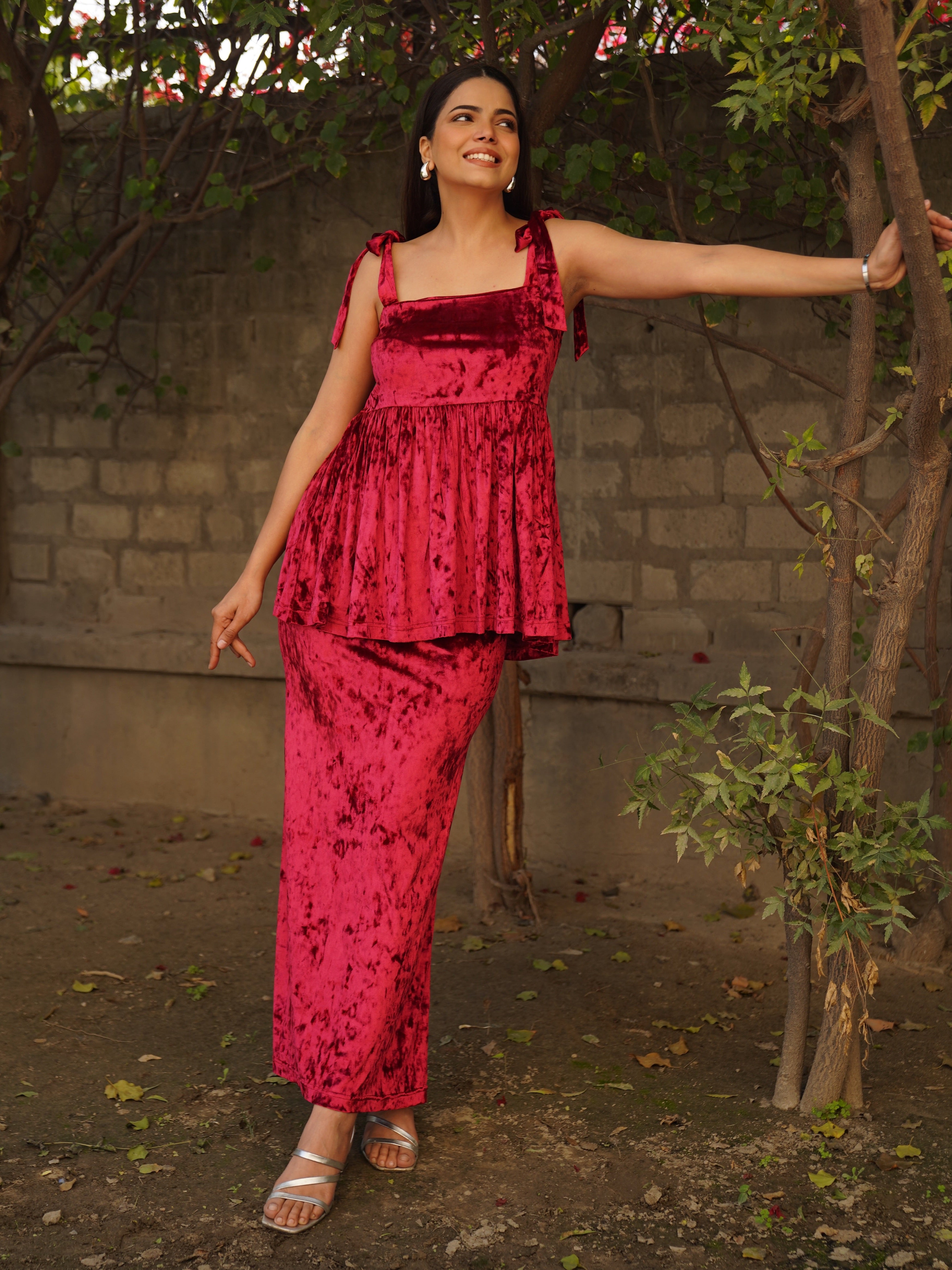 Navdana Velvet Strappy Peplum Top and Skirt Set - Ruby