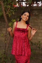 Navdana Velvet Strappy Peplum Top and Skirt Set - Ruby