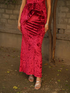 Navdana Velvet Strappy Peplum Top and Skirt Set - Ruby