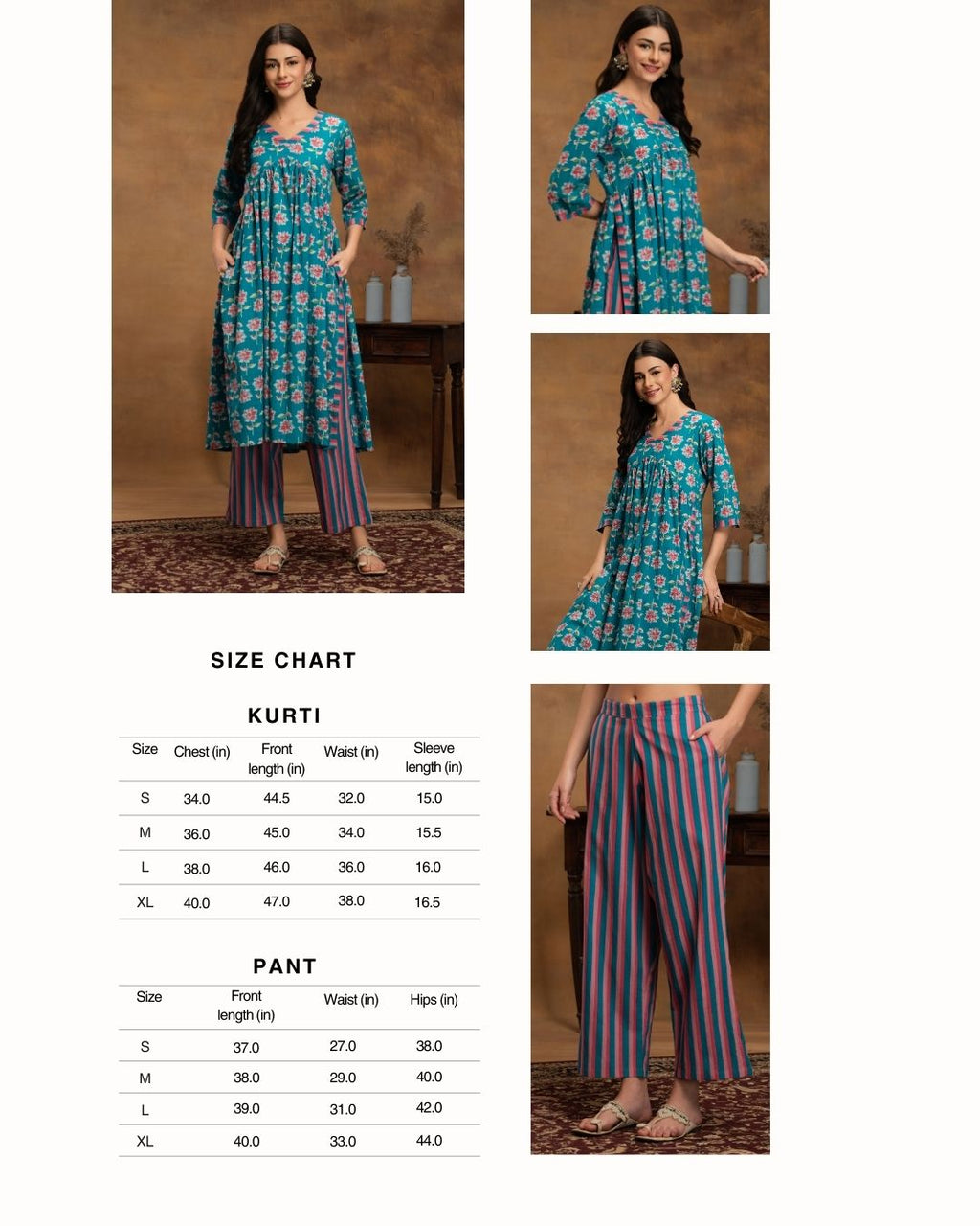 Navdana Floral Blue Nayra Cut Kurti & Striped Pants Set of 2 - KHUSHBU