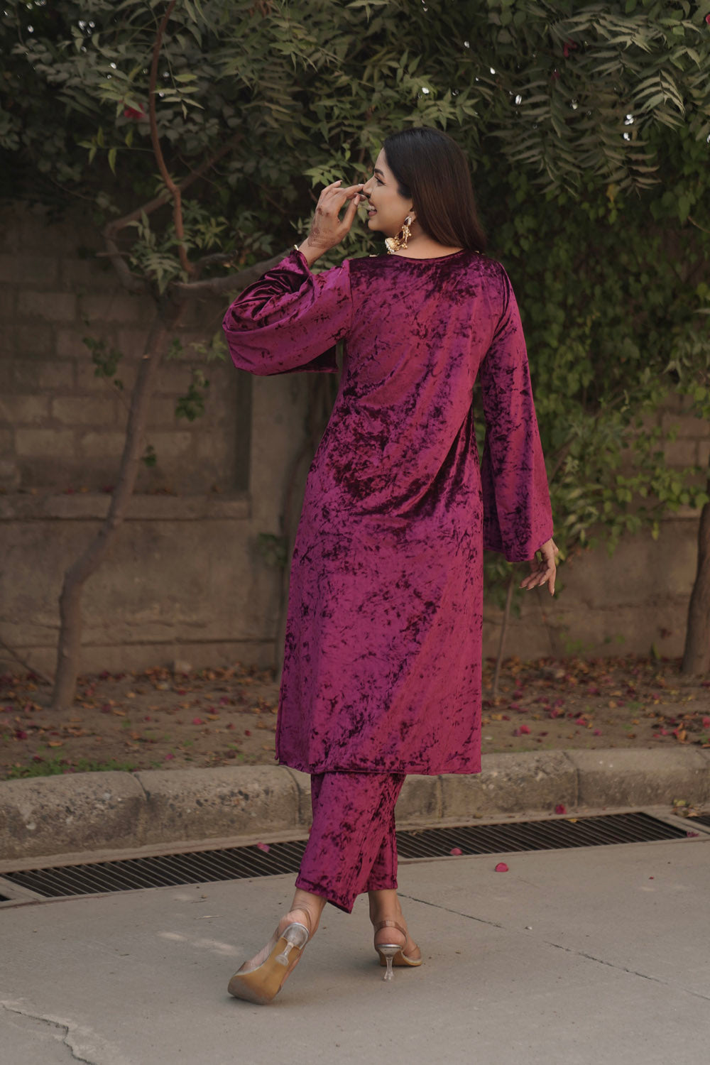 Navdana Pink Velvet Co-ord Set with Kiran Lace - RITU