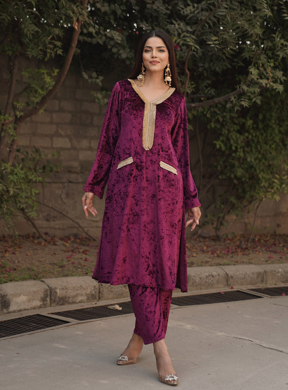 Navdana Pink Velvet Co-ord Set with Kiran Lace - RITU