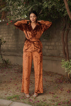 Navdana Brown Velvet Shirt With Belt And Pants Co-ord Set - PRIYA