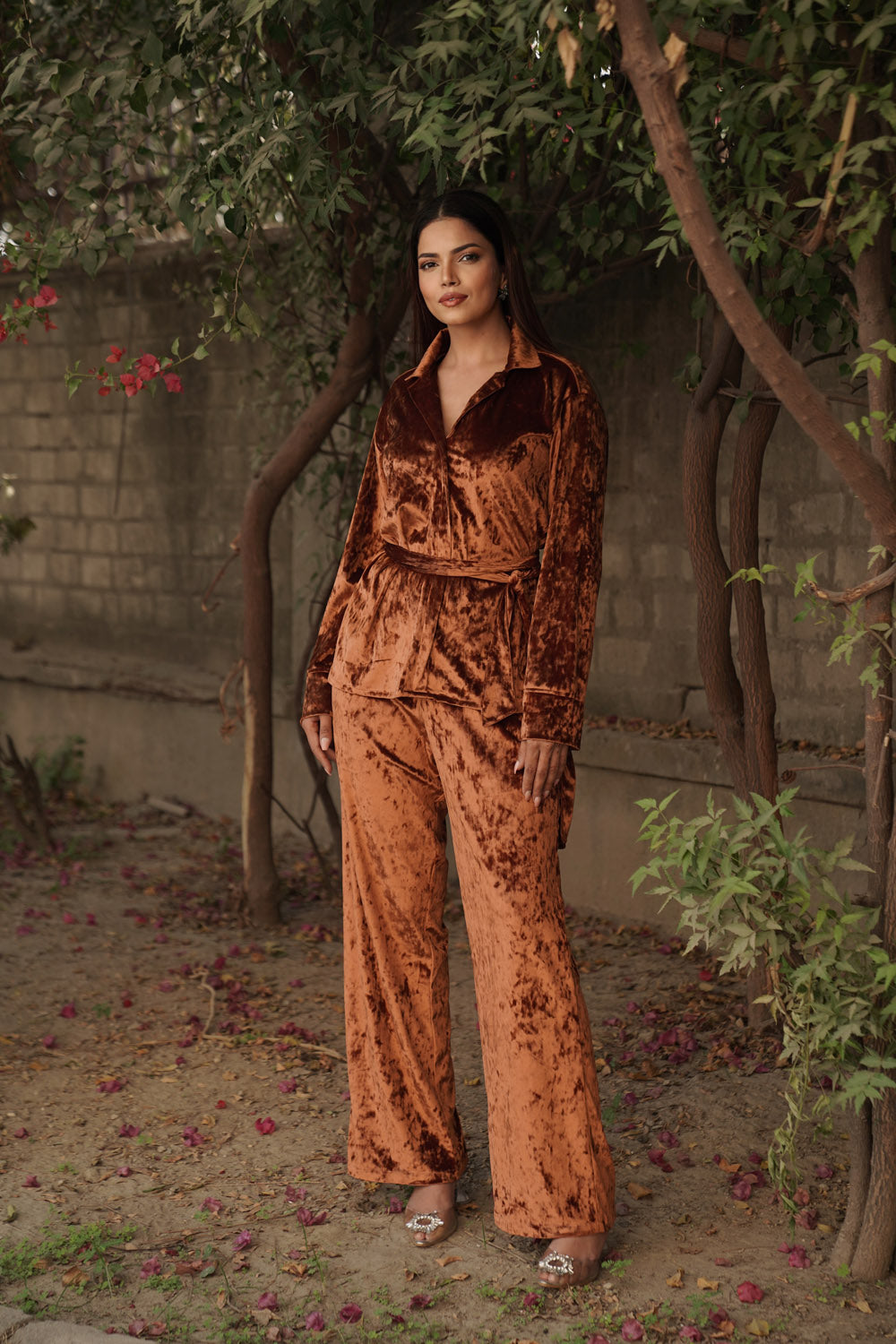 Navdana Brown Velvet Shirt With Belt And Pants Co-ord Set - PRIYA