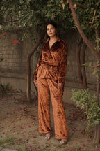 Navdana Brown Velvet Shirt With Belt And Pants Co-ord Set - PRIYA
