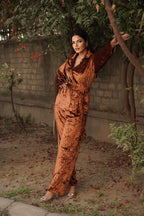 Navdana Brown Velvet Shirt With Belt And Pants Co-ord Set - PRIYA