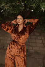 Navdana Brown Velvet Shirt With Belt And Pants Co-ord Set - PRIYA