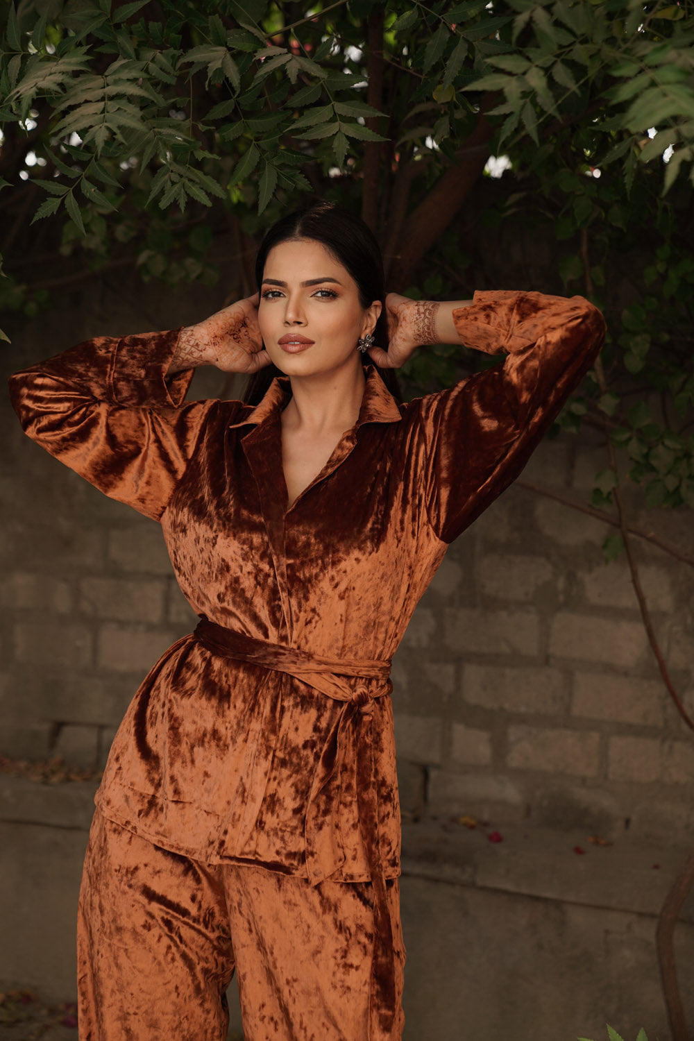 Navdana Brown Velvet Shirt With Belt And Pants Co-ord Set - PRIYA