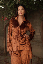 Navdana Brown Velvet Shirt With Belt And Pants Co-ord Set - PRIYA