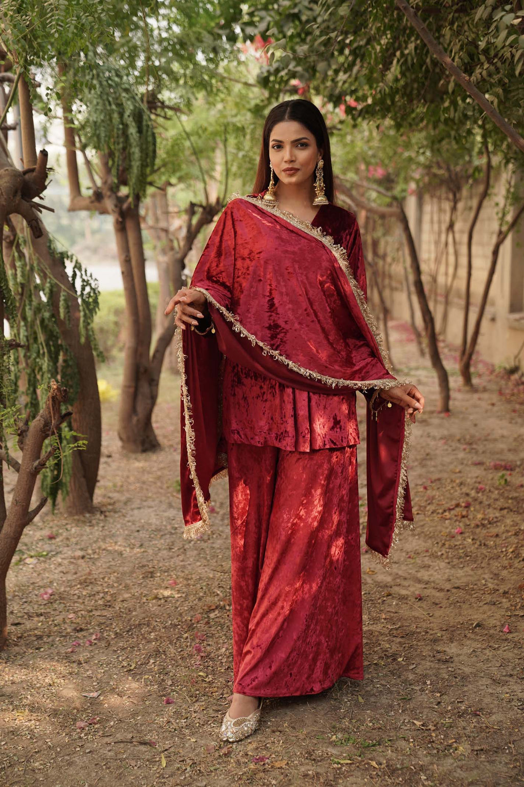 Navdana Red Velvet Kurti and Sharara Style Pants With Dupatta - AYESHA
