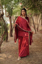 Navdana Red Velvet Kurti and Sharara Style Pants With Dupatta - AYESHA