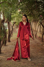 Navdana Red Velvet Kurti and Sharara Style Pants With Dupatta - AYESHA