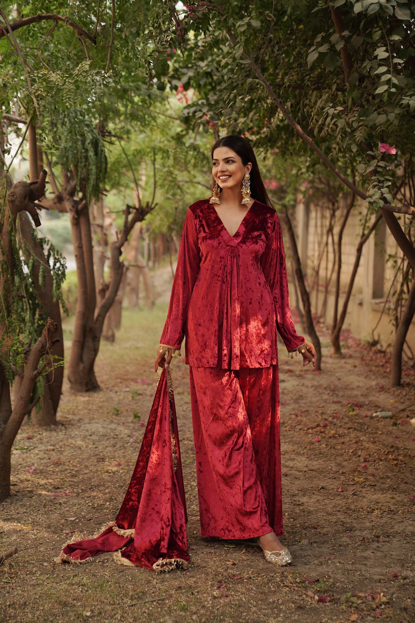 Navdana Red Velvet Kurti and Sharara Style Pants With Dupatta - AYESHA