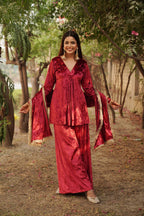 Navdana Red Velvet Kurti and Sharara Style Pants With Dupatta - AYESHA