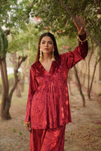 Navdana Red Velvet Kurti and Sharara Style Pants With Dupatta - AYESHA