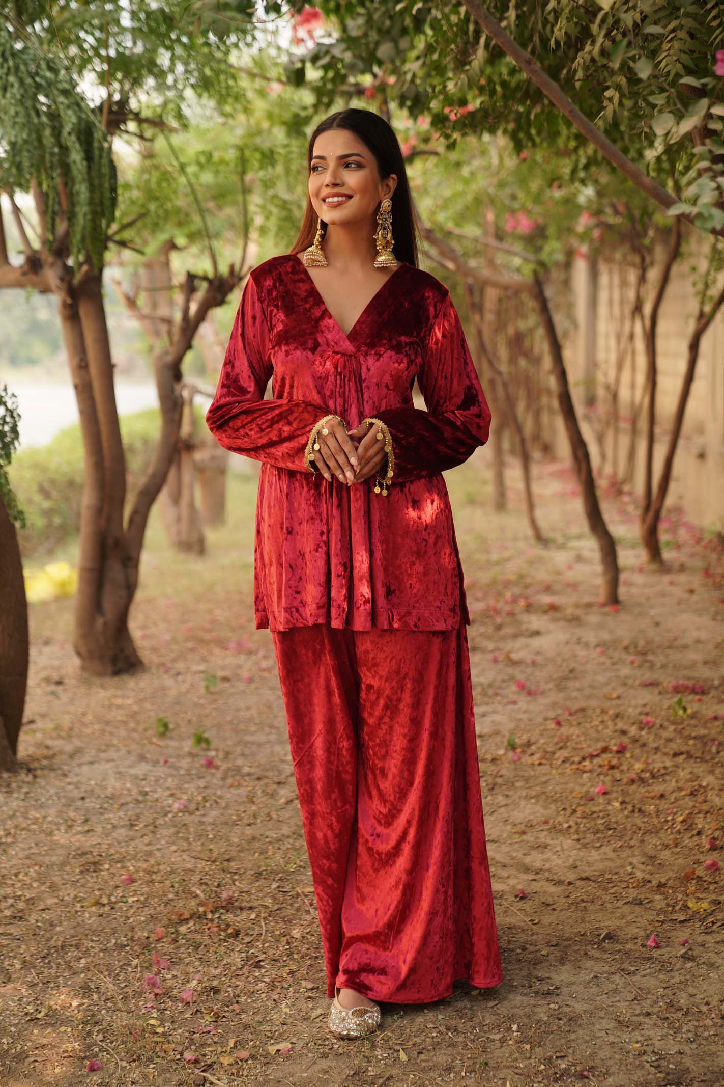 Navdana Red Velvet Kurti and Sharara Style Pants With Dupatta - AYESHA