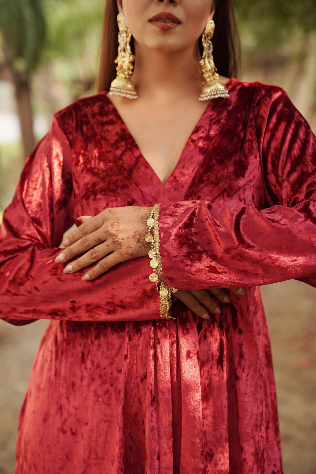 Navdana Red Velvet Kurti and Sharara Style Pants With Dupatta - AYESHA