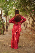 Navdana Red Velvet Kurti and Sharara Style Pants With Dupatta - AYESHA