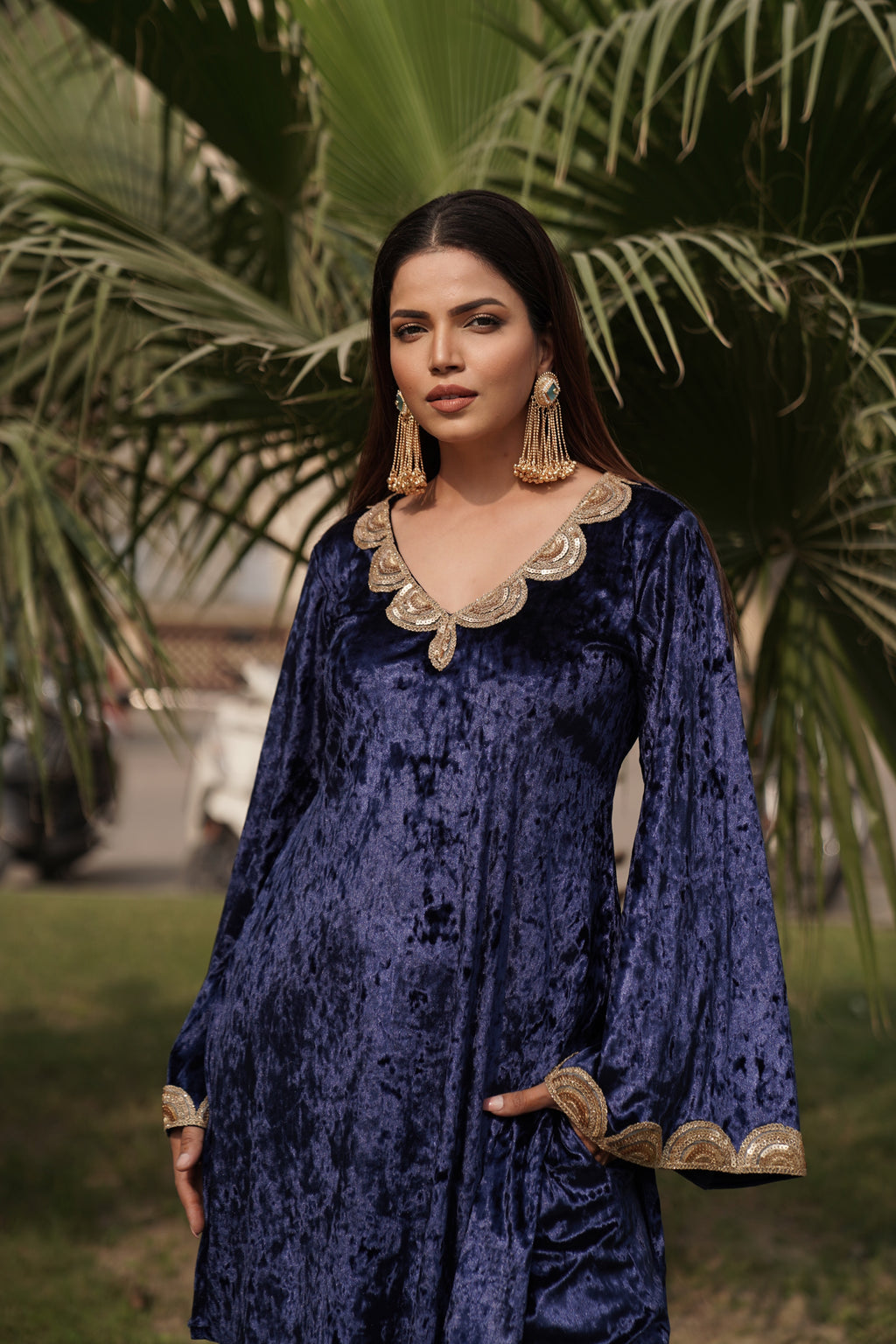 Navdana Velvet Blue Co-ord Set With Sequin Lace- GARIMA